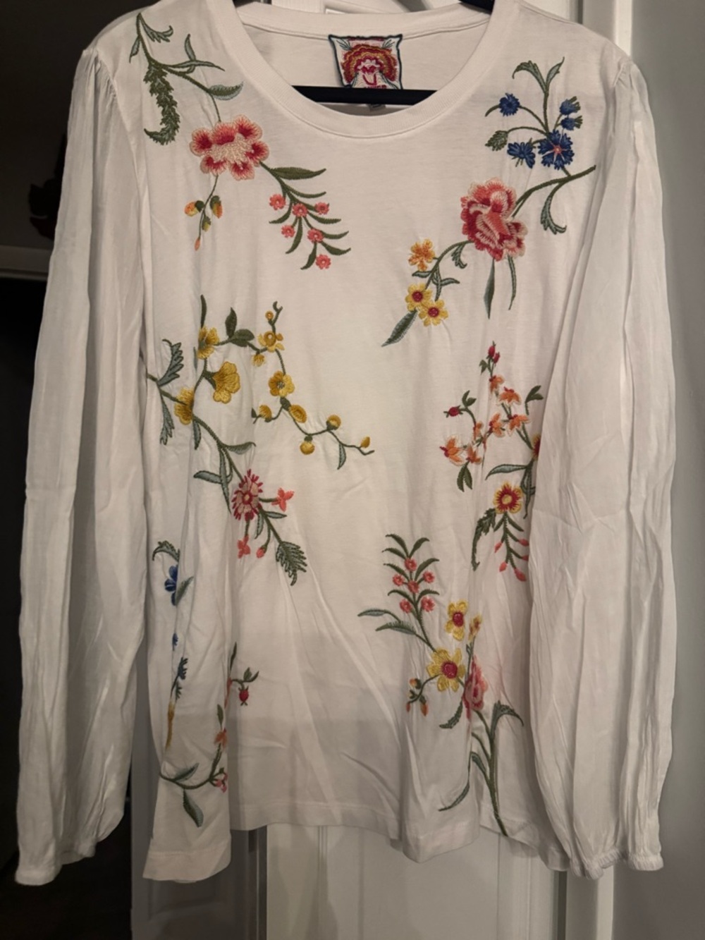 Johnny Was White Floral Embroidered Long Sleeve Top XL